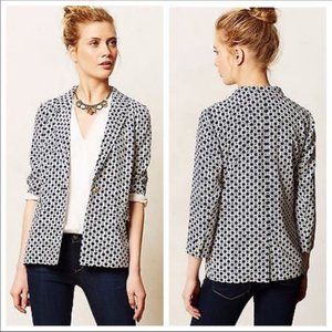 Anthro Cartonnier Southwark Geo Diamond Navy Blue & Cream Blazer Size Me…